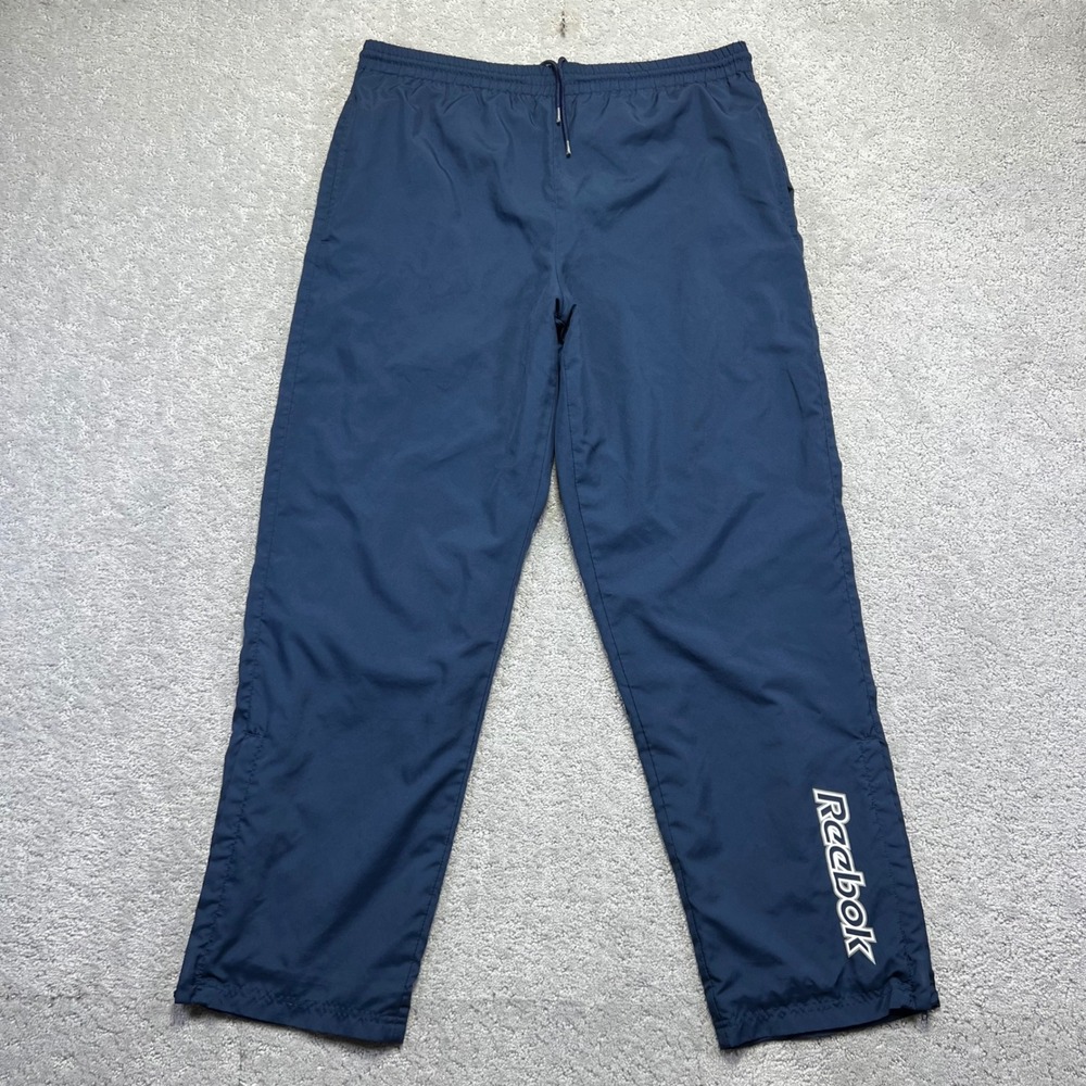 VINTAGE Reebok Track Pants Mens Medium Navy Blue Lined Ankle Zip Windbreaker Y2k
